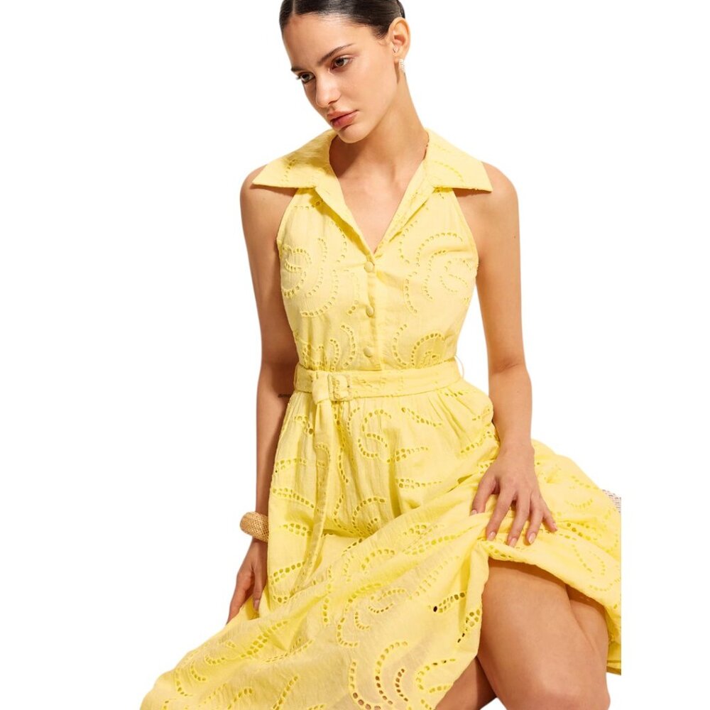NWT Commense 100% Cotton Eyelet Yellow Maxi with Belt Size Large L